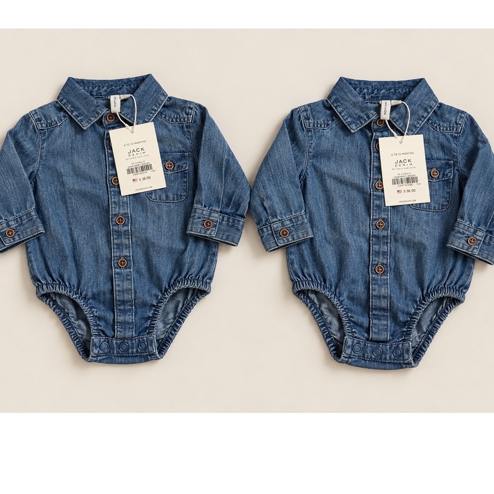 Janie and Jack NWT Denim Bodysuit Set 3-6M 6-12M Blue Button Down Long Sleeve